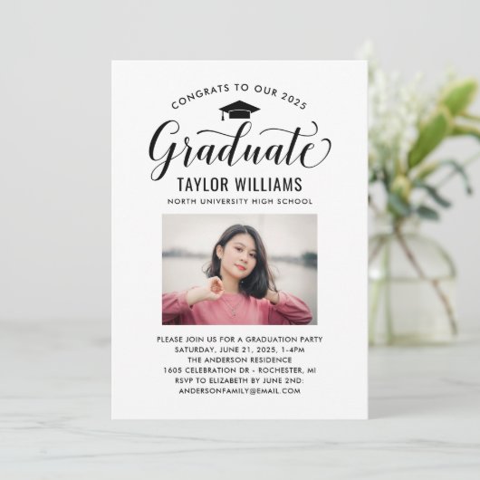 Gefeliciteerd met onze Afstuderen zwarte scriptfot Kaart (Staand voorkant)