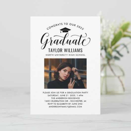 Gefeliciteerd met onze Afstuderen zwarte scriptfot Kaart (Staand voorkant)