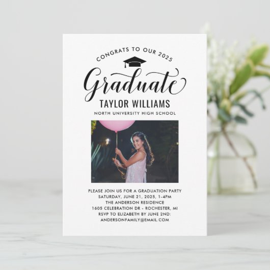 Gefeliciteerd met onze Afstuderen zwarte scriptfot Kaart (Staand voorkant)