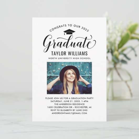 Gefeliciteerd met onze Afstuderen zwarte scriptfot Kaart (Staand voorkant)