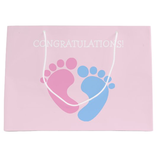 Gefeliciteerd met paardenroze en blauwe baby groot cadeauzakje (Voorkant)