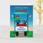 Gefeliciteerd met pensionering Golfer Riding Cart Kaart (Gele Bloem)