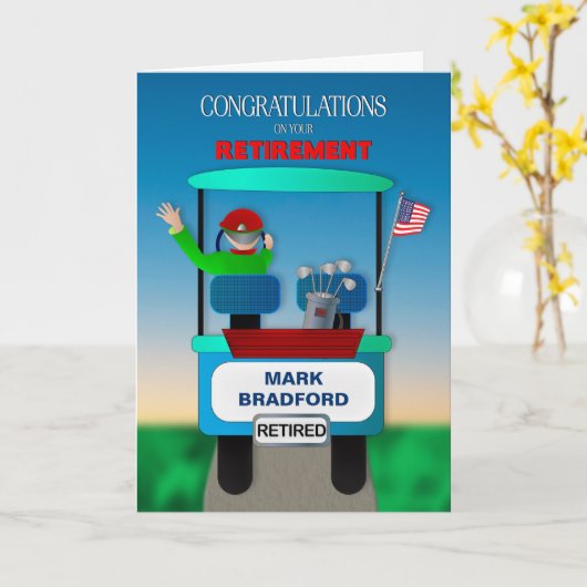 Gefeliciteerd met pensionering Golfer Riding Cart Kaart (Gele Bloem)