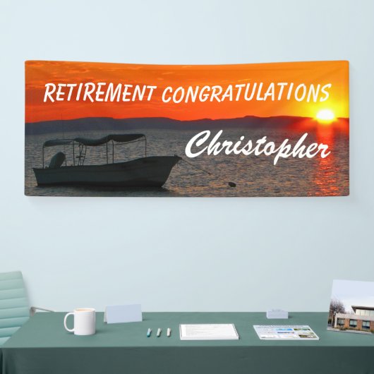 Gefeliciteerd met pensionering Vist Boat op zonson Spandoek (Beurs)