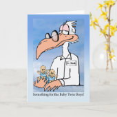 Gefeliciteerd met Twin Boys, Dr. Stork Cartoon Kaart (Gele Bloem)