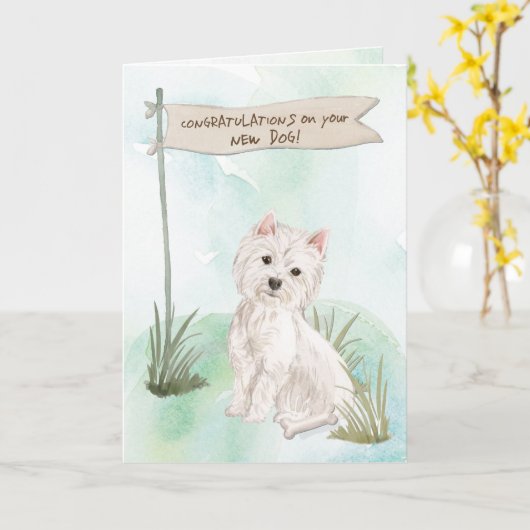 Gefeliciteerd met Westie over New Dog Kaart (Gele Bloem)