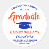 Gefeliciteerd Moderne Oranje en Blauwe Afstuderen Ronde Sticker (Voorkant)