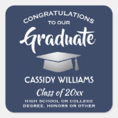 Gefeliciteerd Navy Blue en Witte Afstuderen Vierkante Sticker (Voorkant)