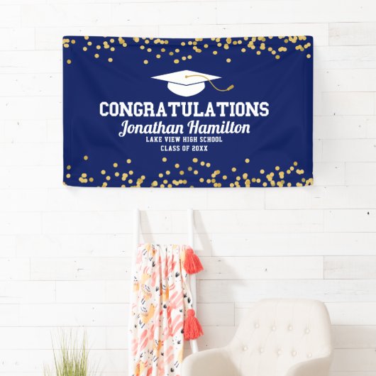 Gefeliciteerd Navy Blue Gold Afstudeerder Party Spandoek (Insitu)