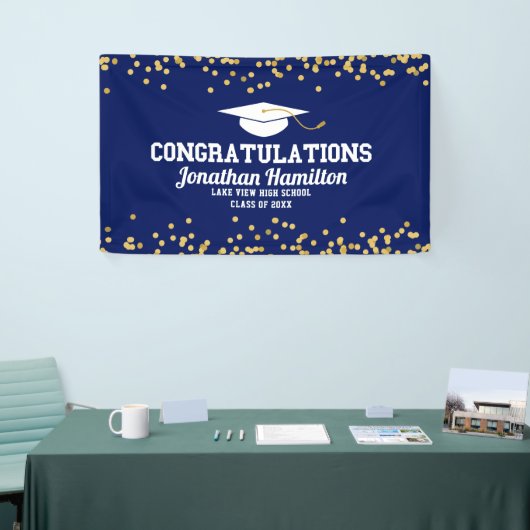 Gefeliciteerd Navy Blue Gold Afstudeerder Party Spandoek (Beurs)