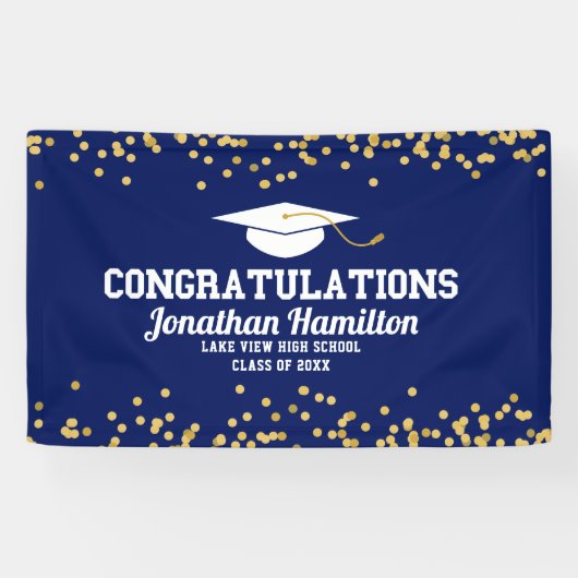 Gefeliciteerd Navy Blue Gold Grad Feest Spandoek (Horizontaal)