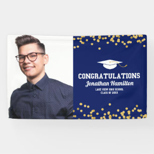 Gefeliciteerd Navy Blue Gold Grad Party Foto Spandoek