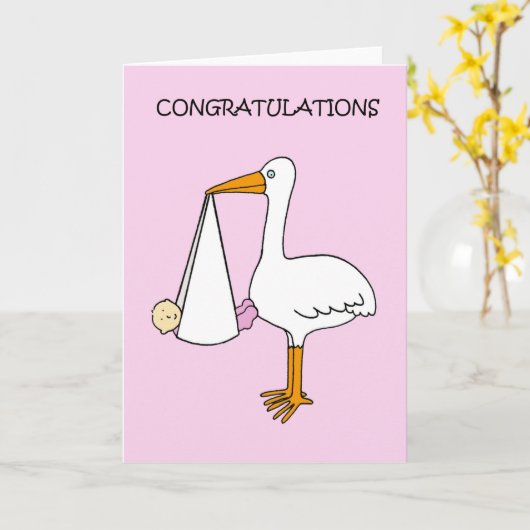 Gefeliciteerd, New Baby Girl met Stork Kaart (Gele Bloem)