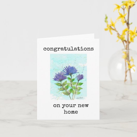 Gefeliciteerd New Home Kaart, Blue Asters Art Kaart (Gele Bloem)