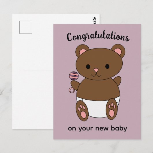 Gefeliciteerd Nieuwe Baby Meisje Beer Roze Briefkaart (Voorkant / Achterkant)