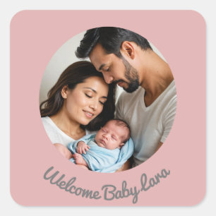 Gefeliciteerd nieuwe baby meisje roze, baby foto vierkante sticker