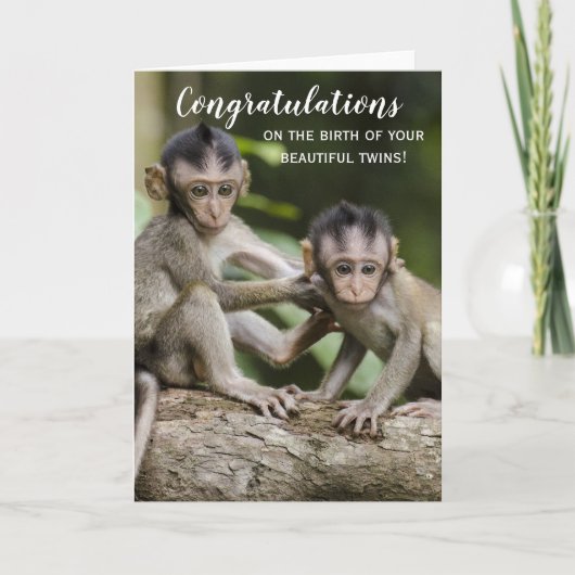 Gefeliciteerd Nieuwe Baby Twins Monkey Kaart (Voorkant)