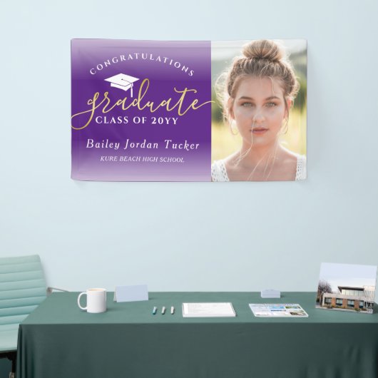 Gefeliciteerd Paars Gold Photo Afstuderen Spandoek (Beurs)