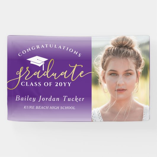 Gefeliciteerd Paars Gold Photo Afstuderen Spandoek (Horizontaal)