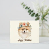 Gefeliciteerd Pomeranian Hond met Bloemen Briefkaart (Staand voorkant)