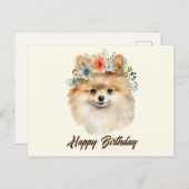 Gefeliciteerd Pomeranian Hond met Bloemen Briefkaart (Voorkant / Achterkant)