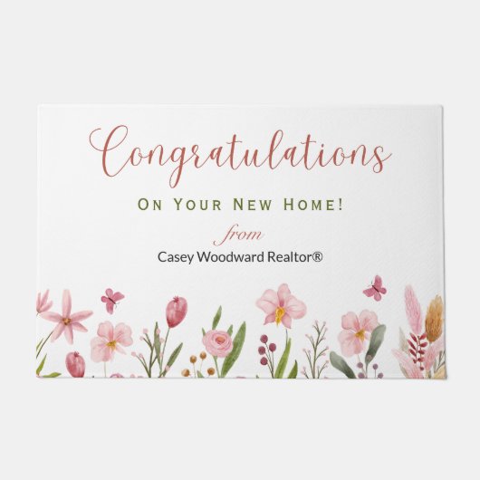 Gefeliciteerd Realtor gepersonaliseerde roze bloem Deurmat (Voorkant)