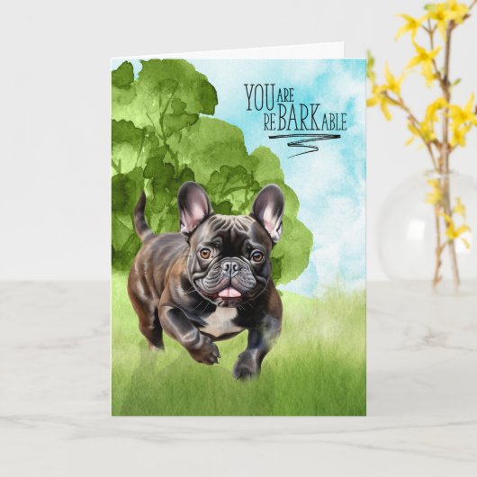 Gefeliciteerd reBARKable Brindle Franse Bulldog Kaart (Gele Bloem)