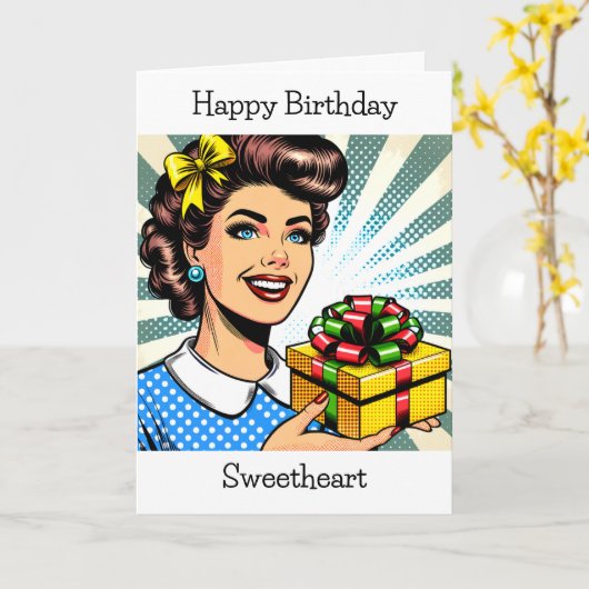 Gefeliciteerd | Retro Vrouw Holding Gift Kaart (Gele Bloem)