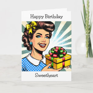 Gefeliciteerd   Retro Vrouw Holding Gift Kaart