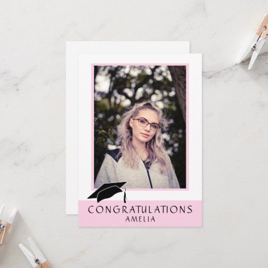 Gefeliciteerd roze Afstuderen fotokaart Kaart (Voorkant / Achterkant in situ)