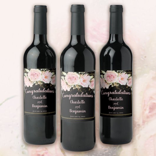 Gefeliciteerd Roze Black + Gold Waterverf Rozen Wijn Etiket