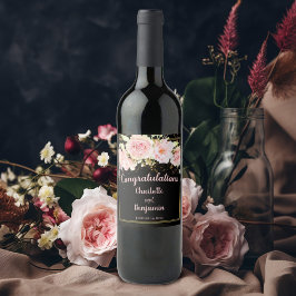 Gefeliciteerd Roze Black + Gold Waterverf Rozen Wijn Etiket