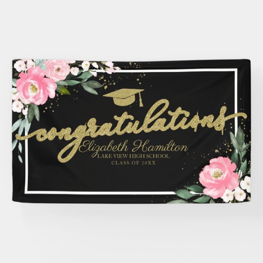 Gefeliciteerd Roze Bloemen Afstudeerfeest Spandoek (Horizontaal)