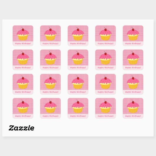 Gefeliciteerd! Roze Cupcake Stickers (Vel)