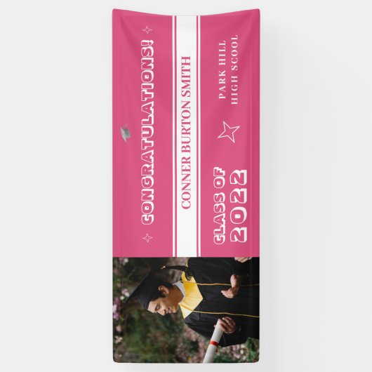 Gefeliciteerd, roze en witte monogram spandoek (Verticaal)