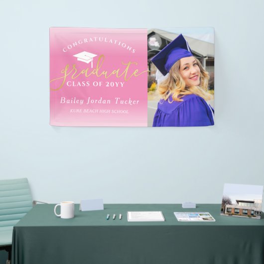 Gefeliciteerd Roze Gold Foto Afstuderen Spandoek (Beurs)
