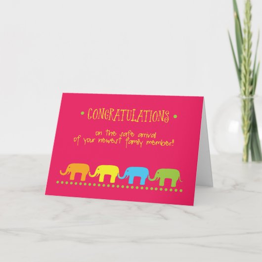 Gefeliciteerd, roze, groene olifanten kaart (Voorkant)