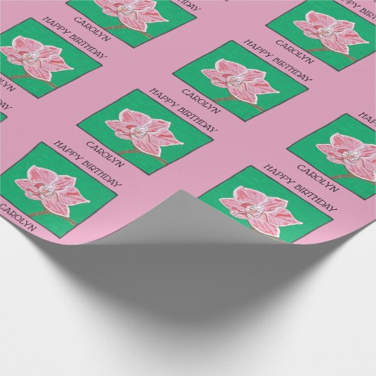 Gefeliciteerd, roze orchidebloem, jouw naam cadeaupapier (Hoek)