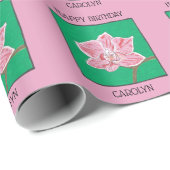 Gefeliciteerd, roze orchidebloem, jouw naam cadeaupapier (Rol Hoek)