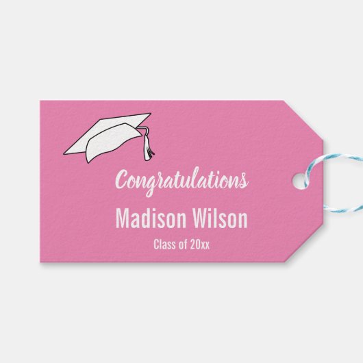 Gefeliciteerd Roze Wit Afstudeerder Naam Afstudere Cadeaulabel (Voorkant (Horizontaal))