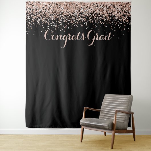 Gefeliciteerd Roze Zwart Glitters Glans Afstuderen Wandkleed (In situ)