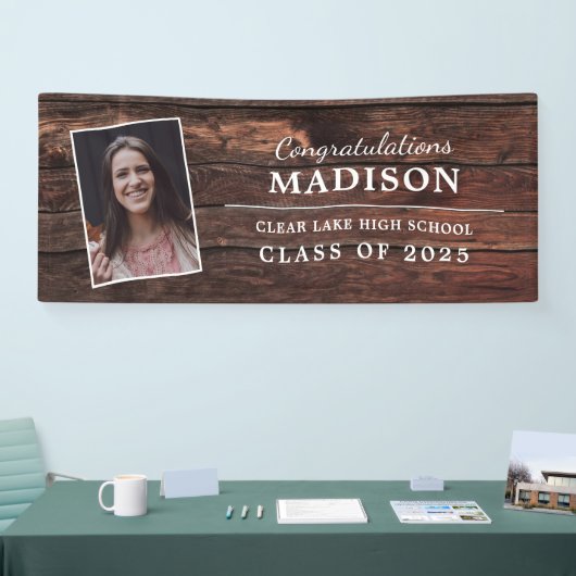 Gefeliciteerd Rustic Wood Afstuderen Foto Spandoek (Beurs)