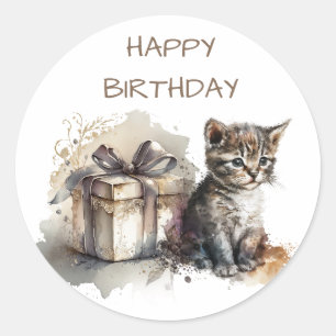 Gefeliciteerd   Schattig grijs kitten en cadeau Ronde Sticker
