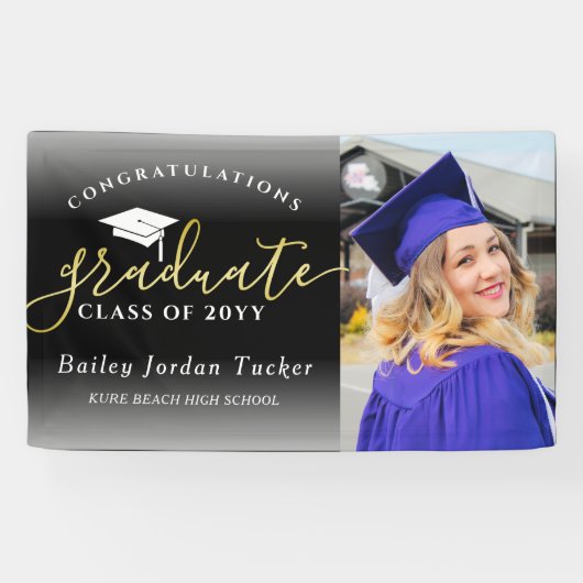 Gefeliciteerd Script Black Gold Photo Afstuderen Spandoek (Horizontaal)