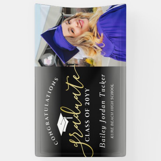 Gefeliciteerd Script Black Gold Photo Afstuderen Spandoek (Verticaal)
