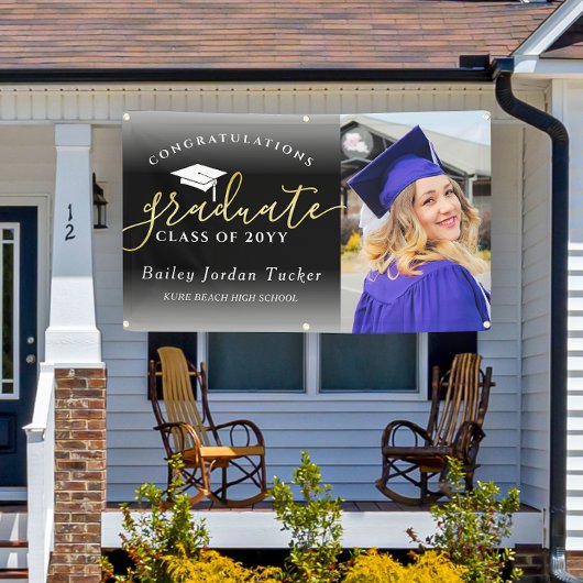 Gefeliciteerd Script Black Gold Photo Afstuderen Spandoek