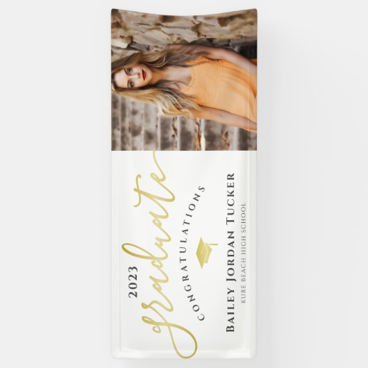 Gefeliciteerd Script Black Gold Photo Afstuderen Spandoek (Verticaal)