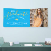 Gefeliciteerd Script Blue Gold Photo Afstuderen Spandoek (Beurs)