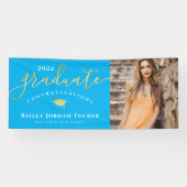 Gefeliciteerd Script Blue Gold Photo Afstuderen Spandoek (Horizontaal)