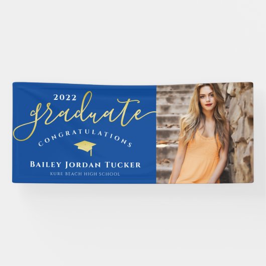 Gefeliciteerd Script Blue Gold Photo Afstuderen Spandoek (Horizontaal)